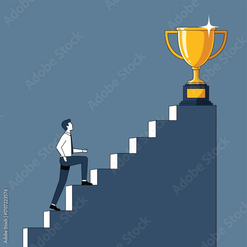 Businessman climbing the stairs of success towards a golden trophy.