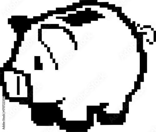 Pixel art piggy bank icon retro savings symbol in black and white, simple finance concept for budget management