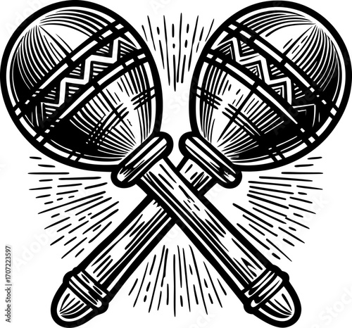 Detailed hand drawn maracas illustration, traditional musical percussion instruments crossed, festive latin rhythm concept