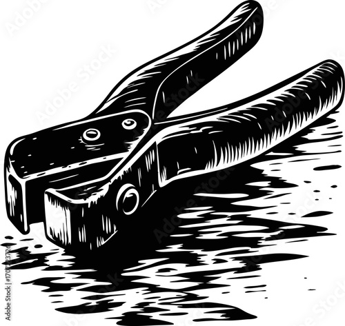 Hand grip tool illustration detailed black and white engraving of metal pliers for workshop, carpentry, or mechanical tasks
