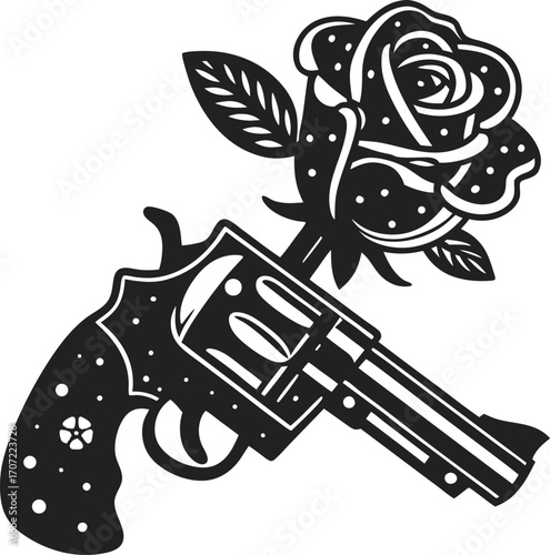 Revolver with blooming rose flower, vintage tattoo symbolic illustration of peace, love overcoming violence, contrast emotions