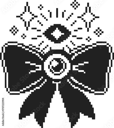 Retro pixel bow with mystical all seeing eye and sparkling stars vintage digital art, occult magic, witchcraft symbol, pixel aesthetic