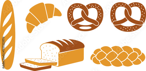 Assortment of delicious baked goods including bread, croissants, and pretzels