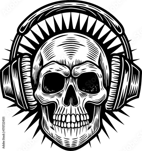 Grunge skull with headphones illustration edgy monochrome design, punk music motif, spiked halo, bold line art for alternative