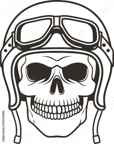 Skull wearing vintage pilot helmet and goggles grinning skeleton head, retro aviation military style, monochrome illustration