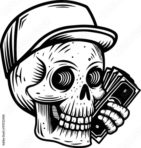Grinning skull wearing cap holding cash skeleton head illustration with money, street art style, monochrome tattoo design