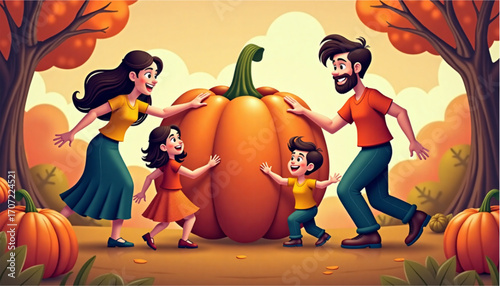 Happy family enjoying time together with a large pumpkin in an autumn setting filled with fall colors