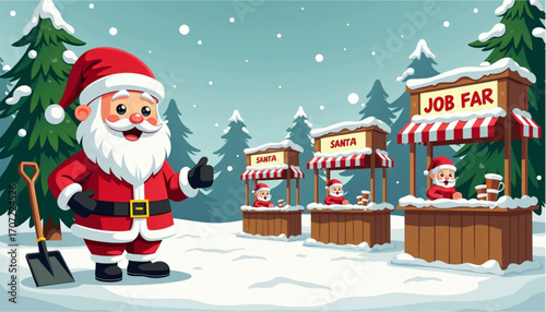 Cheerful Santa Claus welcoming visitors to a festive job fair with decorated booths in a snowy winter landscape