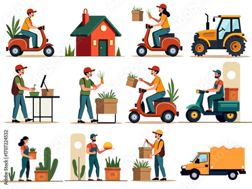 Vibrant scenes of gardening delivery and sales activities featuring workers and vehicles in a friendly environment