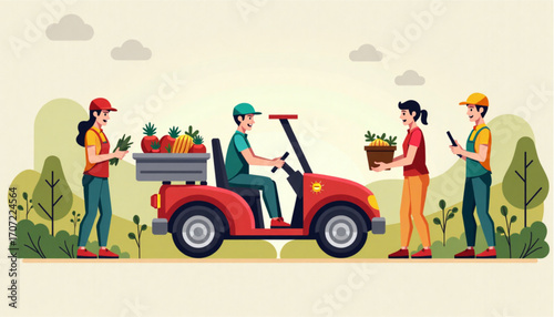 Workers interacting and exchanging fresh produce during a vibrant delivery scene in a green environment