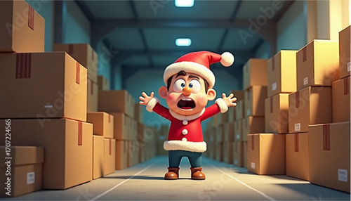 Little boy dressed as Santa expressing excitement in a warehouse filled with gift boxes