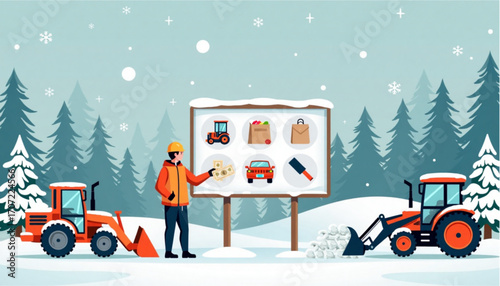 Worker evaluating equipment and supplies on a display board in a snowy winter landscape with machinery