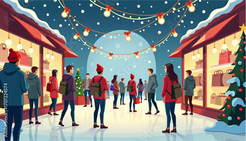Festive holiday market scene with shoppers enjoying the atmosphere and decorations under glowing lights
