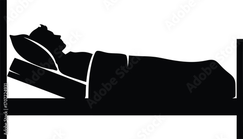 Silhouette of a person sleeping in a bed with a pillow and blanket.