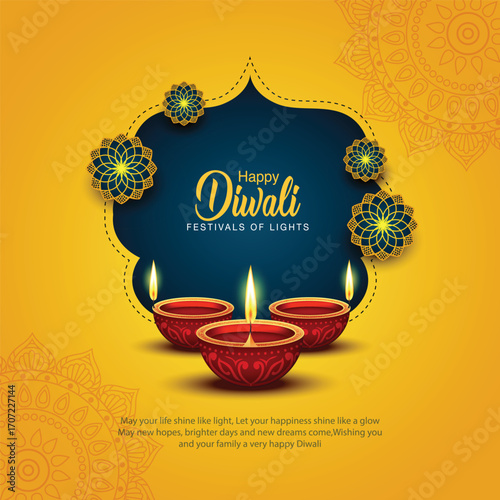 Indian festival of lights Happy Diwali, holiday Background, Diwali celebration greeting card, abstract vector illustration design.	