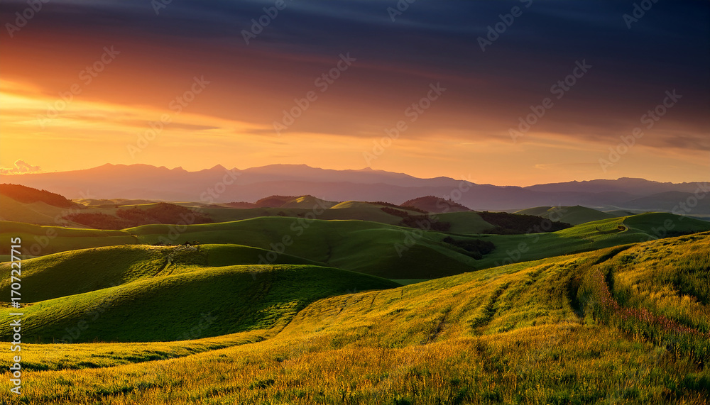 Fototapeta premium Golden Sunset Sky Over Undulating Green Hills and Distant Mountain Range rolling hills