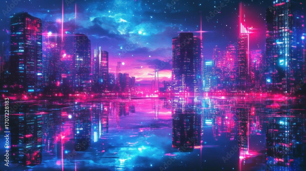 Fototapeta premium Futuristic city skyline at twilight, vibrant neon lights reflected in still water
