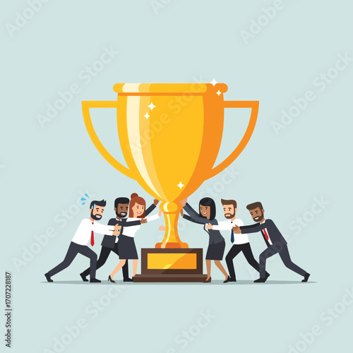 Diverse Business Team Competes for a Giant Golden Trophy Award.
