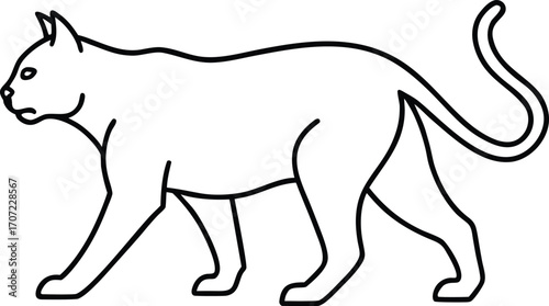 Vector art of a simple black and white line drawing of a cat walking, isolated on a, showcasing its sleek form and elegant posture