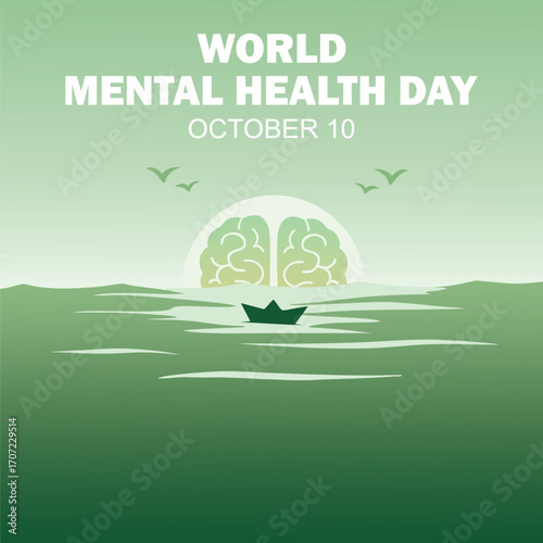 World Mental Health Day background design on October 10, with paper boat floating on the ocean with a brain rising like the sun. Vector Illustration.