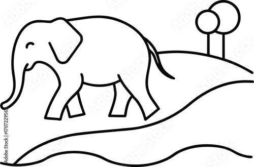Vector art of a simple, stylized line drawing of an elephant walking across a grassy hill with two trees in the background