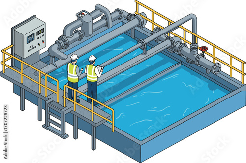 Isometric 3D illustration of water treatment system, engineers inspecting filtration tank, clean water facility, industrial fluid purification setup