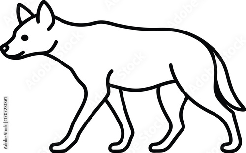 Vector art of a simple black and white line drawing of a hyena walking, isolated on a