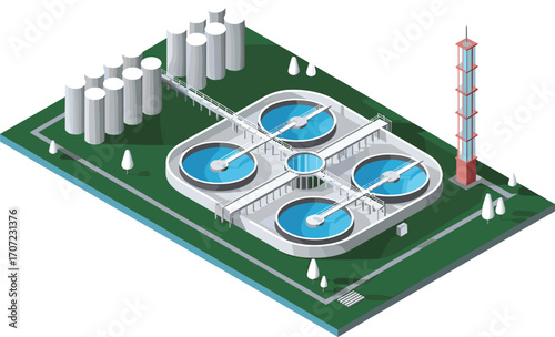Modern isometric 3D illustration of wastewater treatment plant, clean energy facility, water purification infrastructure, environmental industrial technology concept