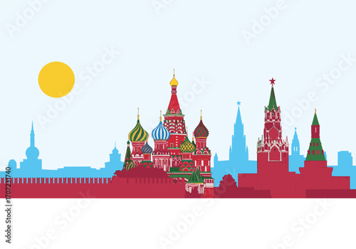 A vibrant cityscape illustration featuring colorful domed buildings and a bright yellow sun in a clear sky.