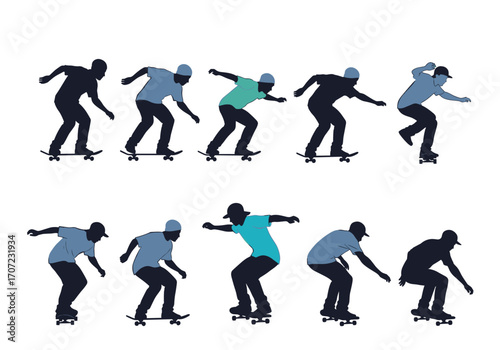 Silhouette skateboarder performing various tricks and poses.