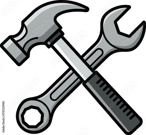 Crossed hammer and wrench symbolizing repair, construction, and DIY projects.