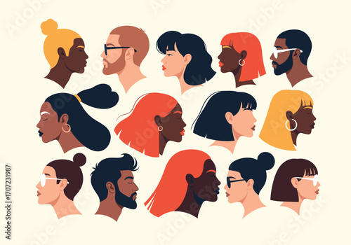 A diverse collection of faces showing different people in profile.