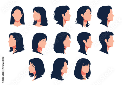 Collection of diverse hairstyles and face profiles for women and men.