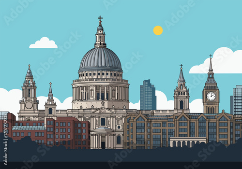Illustrative cityscape featuring St Pauls Cathedral and other famous London landmarks.