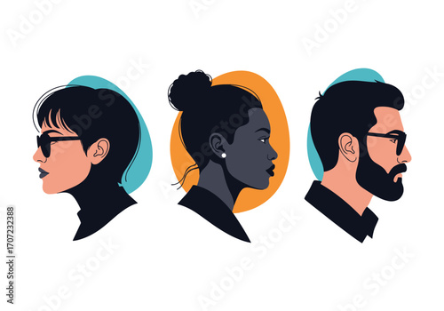Diverse group of people facing right in profile view.