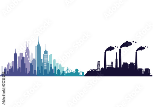 Urban development versus industrial pollution contrasting cityscapes.