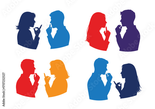 Silhouettes of people communicating through sign language and whispering secrets.