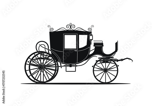 Vintage carriage with ornate detailing and large spoked wheels.