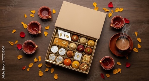 Festive Diwali Flat Lay - A Celebration with Sweets, Diyas, and Chai