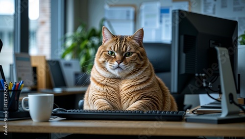 A curious cat watches a mouse while its owner works on a laptop in the kitchen