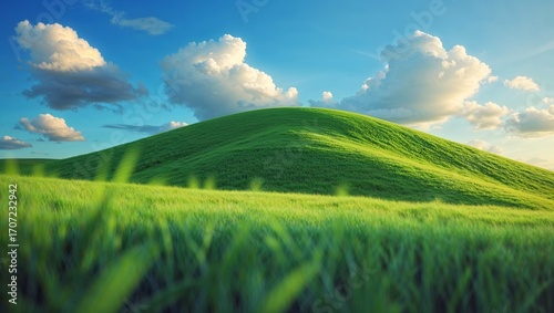 Vast green fields stretch beneath an expansive blue sky, a landscape of vibrant grass and open air