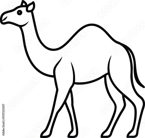 Vector art of a simple black and white line drawing of a camel standing on a, perfect for educational or illustrative purposes