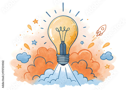 Creative lightbulb illustration with rocket clouds and stars for innovative ideas concept