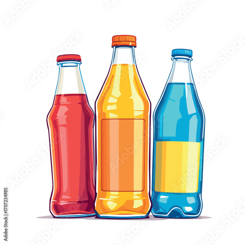 Vsai colorful glass bottles containing refreshing soda drinks