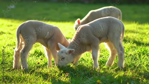 Three Adorable Lambs Grazing in a Sunny Meadow.