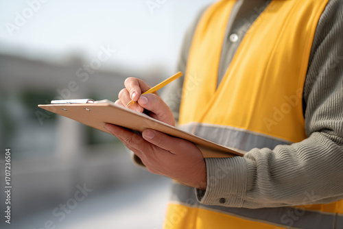 Clipboard with pencil held by professional worker in yellow safety vest, industrial documentation and workplace safety concept