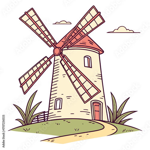 Vibrant and cheerful windmill building illustration with colorful elements