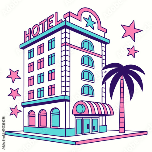 Colorful modern hotel building illustration with clean lines