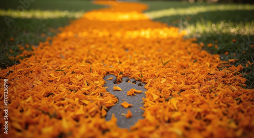 Footprint path made of orange marigold petals on a winding trail. Day of the Dead flower tradition and festive remembrance.