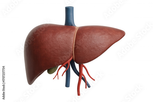 Detailed 3d medical visualization rendering human liver anatomy, displaying portal vein, hepatic artery, and bile duct against transparent background
